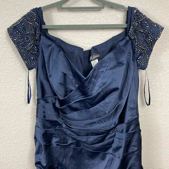 New La Femme Navy Beaded Off the Shoulder Sweetheart Ruched Satin Mermaid Gown - Picture 5 of 13